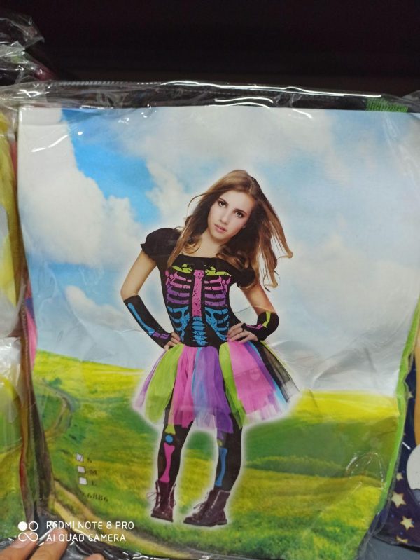 خرید عمده لوازم هالووین لباس دخترانه طرح اسکلت و رنگین کمانی
