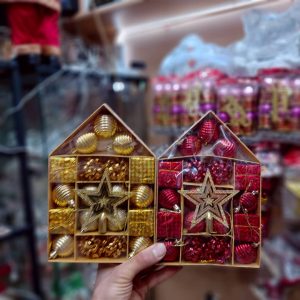 پک طلایی قرمز کریسمس گوی ستاره سر درخت جعبه هدیه و انواع آویز مدل لاکچری niker toy
