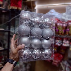 پک گوی 6 سانتی نقره ای کریسمس گوی ستاره سر درخت جعبه هدیه و انواع آویز مدل لاکچری niker toy